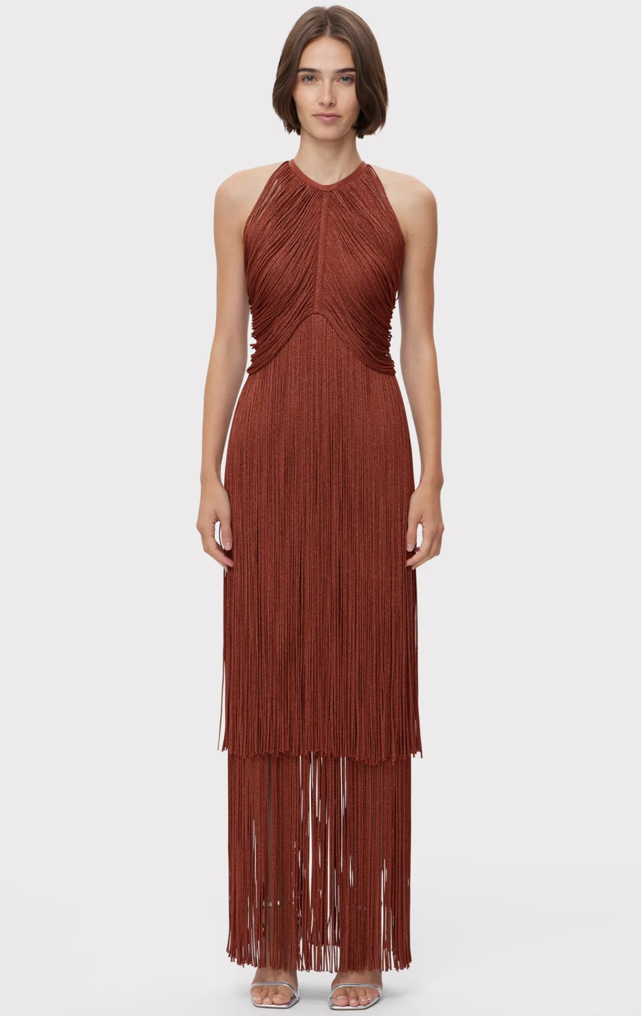 Dresses|Gowns-Hervé Léger METALLIC DRAPED FRINGE HALTER GOWN METALLIC REDWOOD