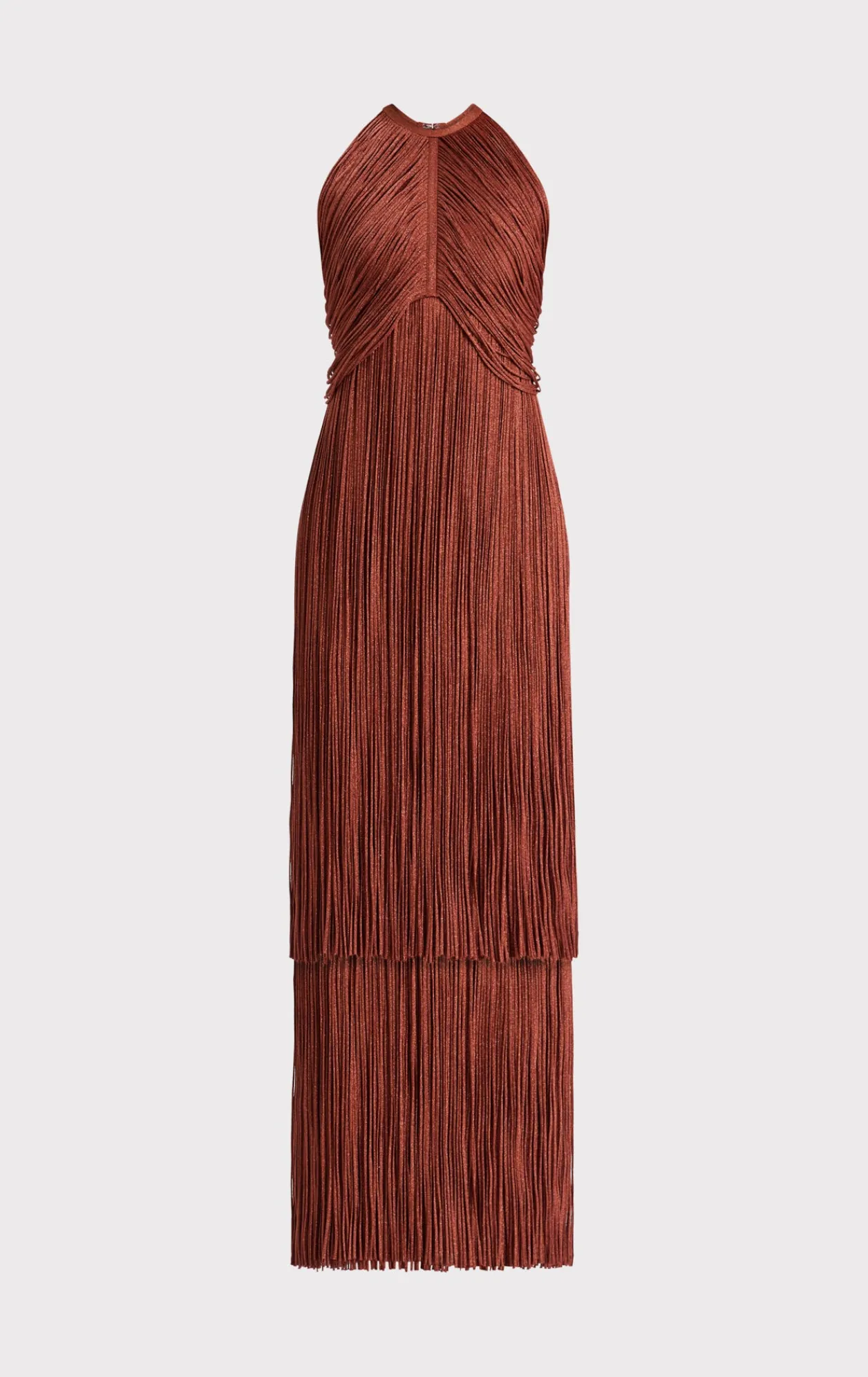 Dresses|Gowns-Hervé Léger METALLIC DRAPED FRINGE HALTER GOWN METALLIC REDWOOD