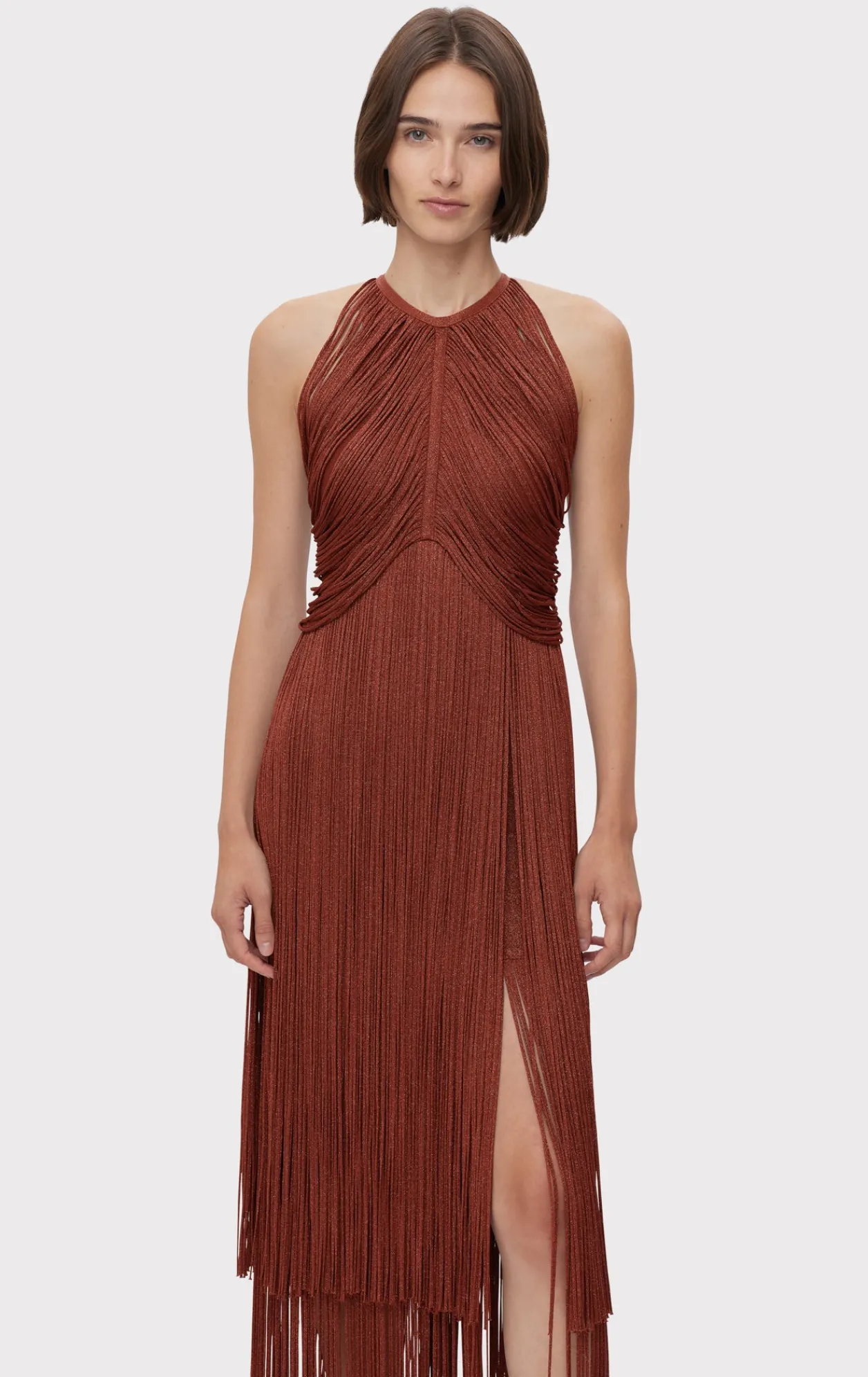Dresses|Gowns-Hervé Léger METALLIC DRAPED FRINGE HALTER GOWN METALLIC REDWOOD