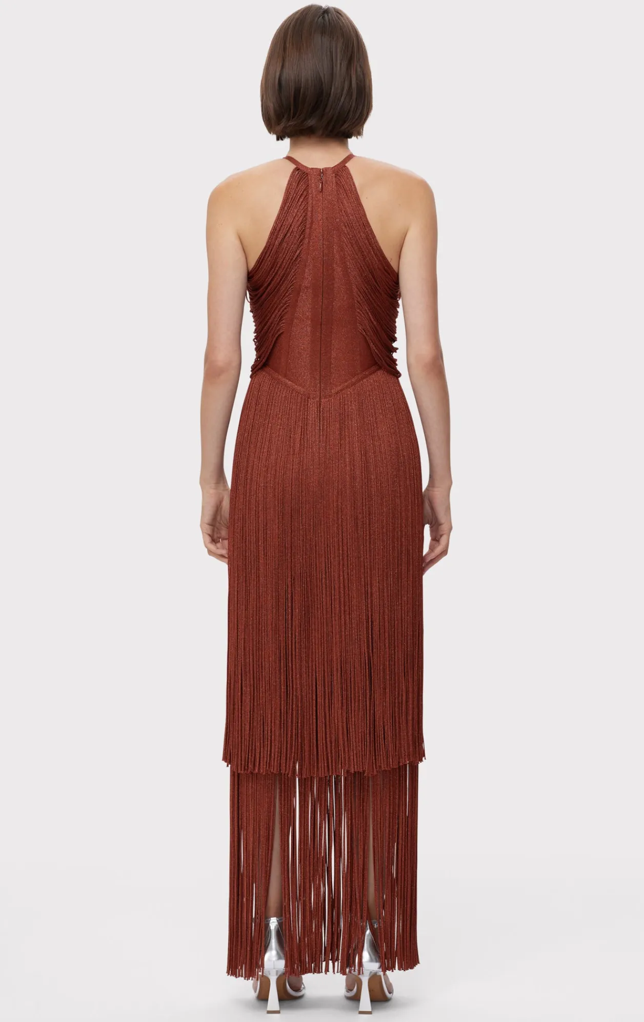 Dresses|Gowns-Hervé Léger METALLIC DRAPED FRINGE HALTER GOWN METALLIC REDWOOD